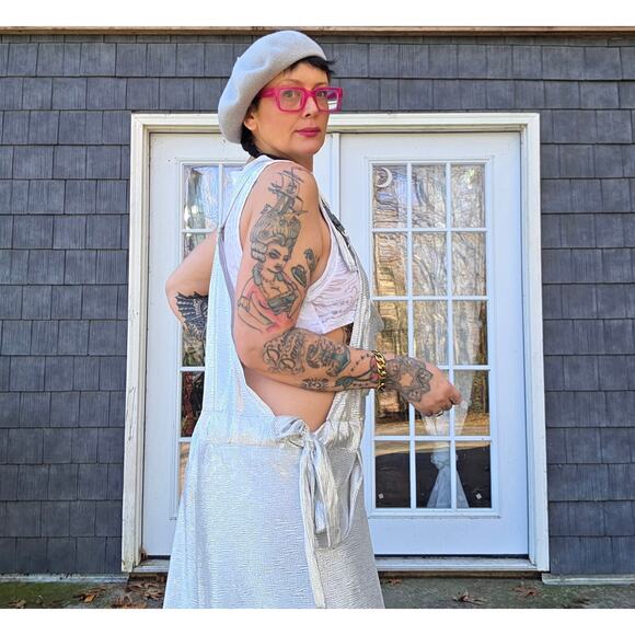 Douf. Silver stretch wide leg raver overalls adjustable One Size 1 of 1 Handmade - Picture 3 of 4